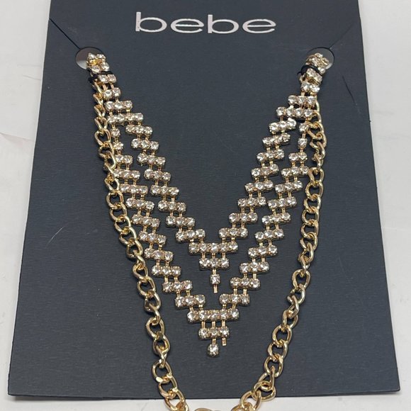 BeBe GOLD RHINESTONE CHAIN LINK 3 LAYER NECKLACE new in packet - Picture 2 of 6